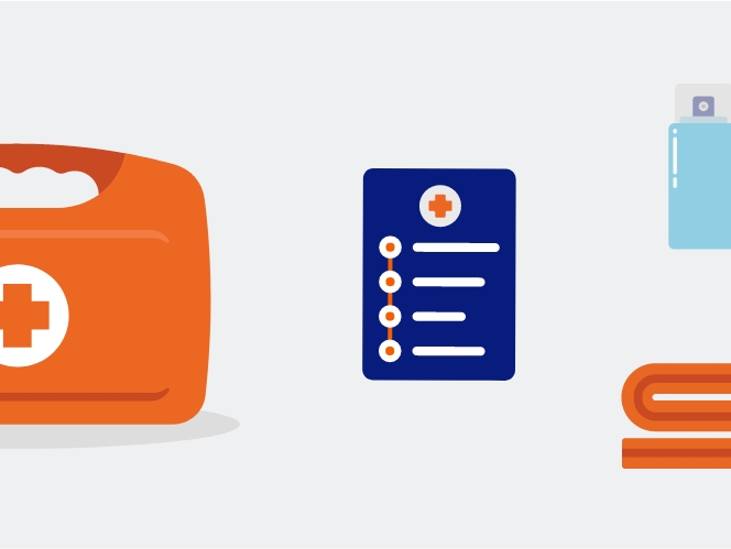 An illustration of a first aid kit and supplies