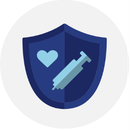 Illustrated icon of a blue shield featuring a heart and a syringe