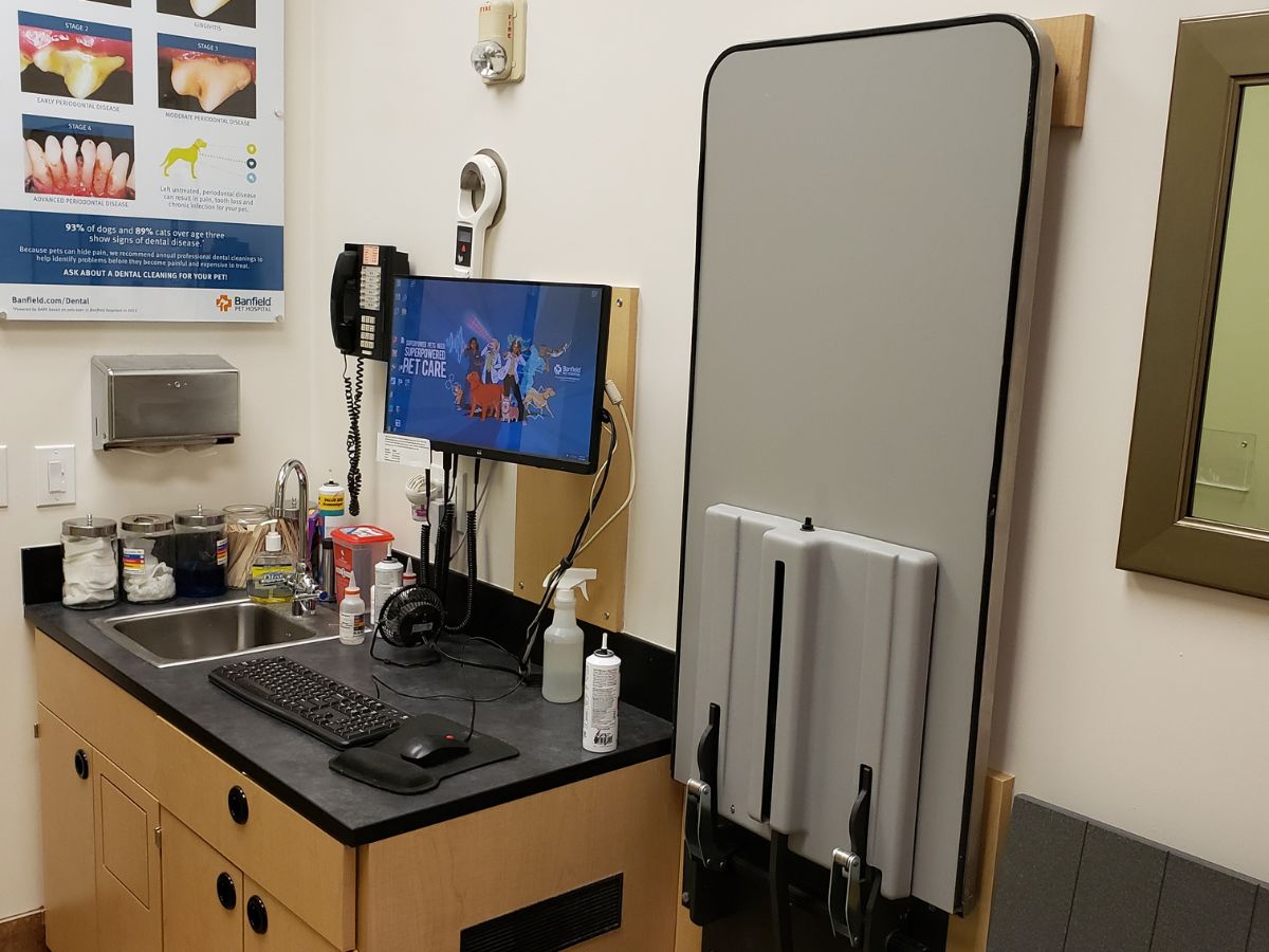 A view inside a Banfield - Grove City exam room and folding table