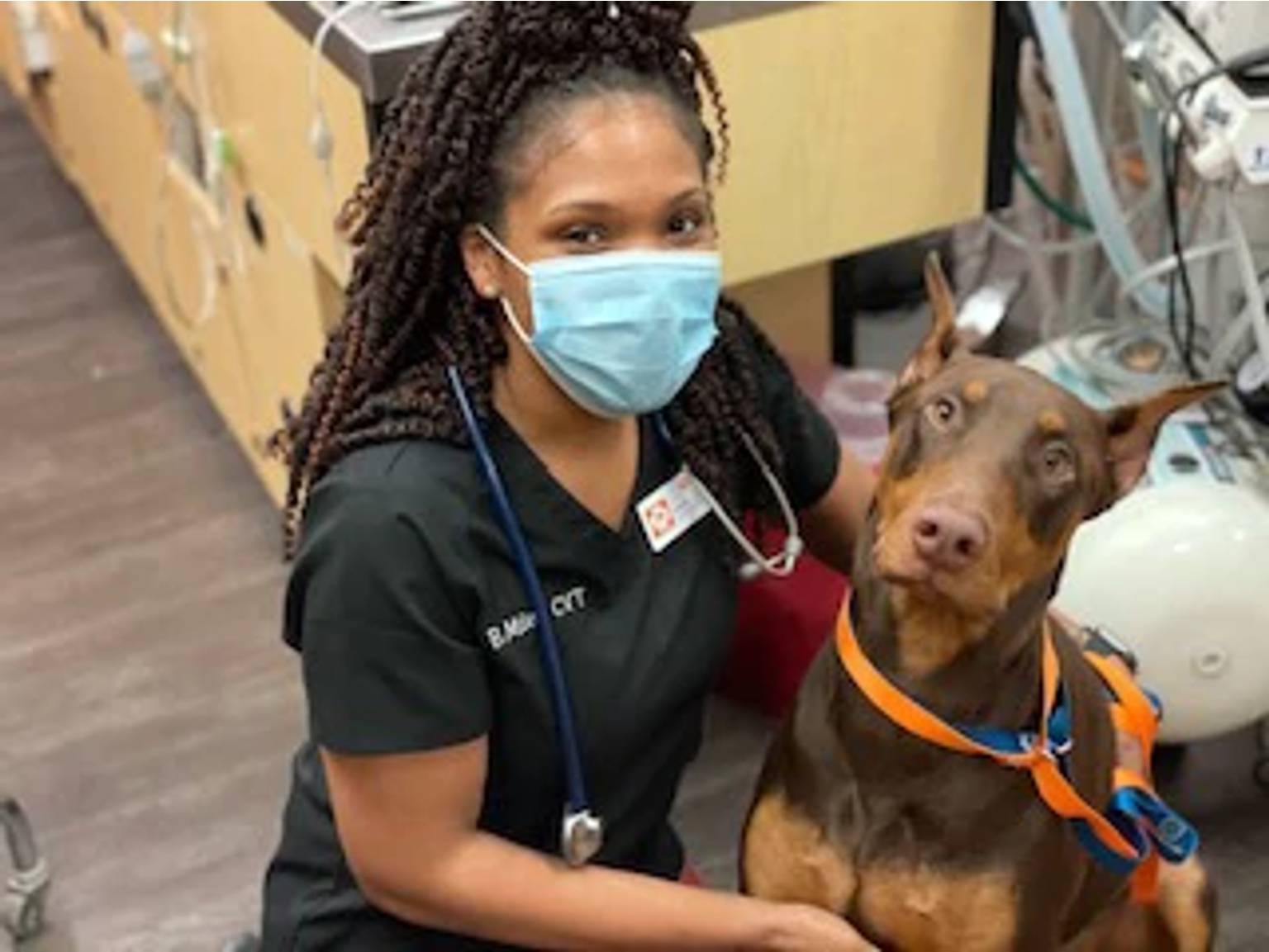 A young female veterinarian sitting with a brown Doberman at the Banfield Pet Hospital